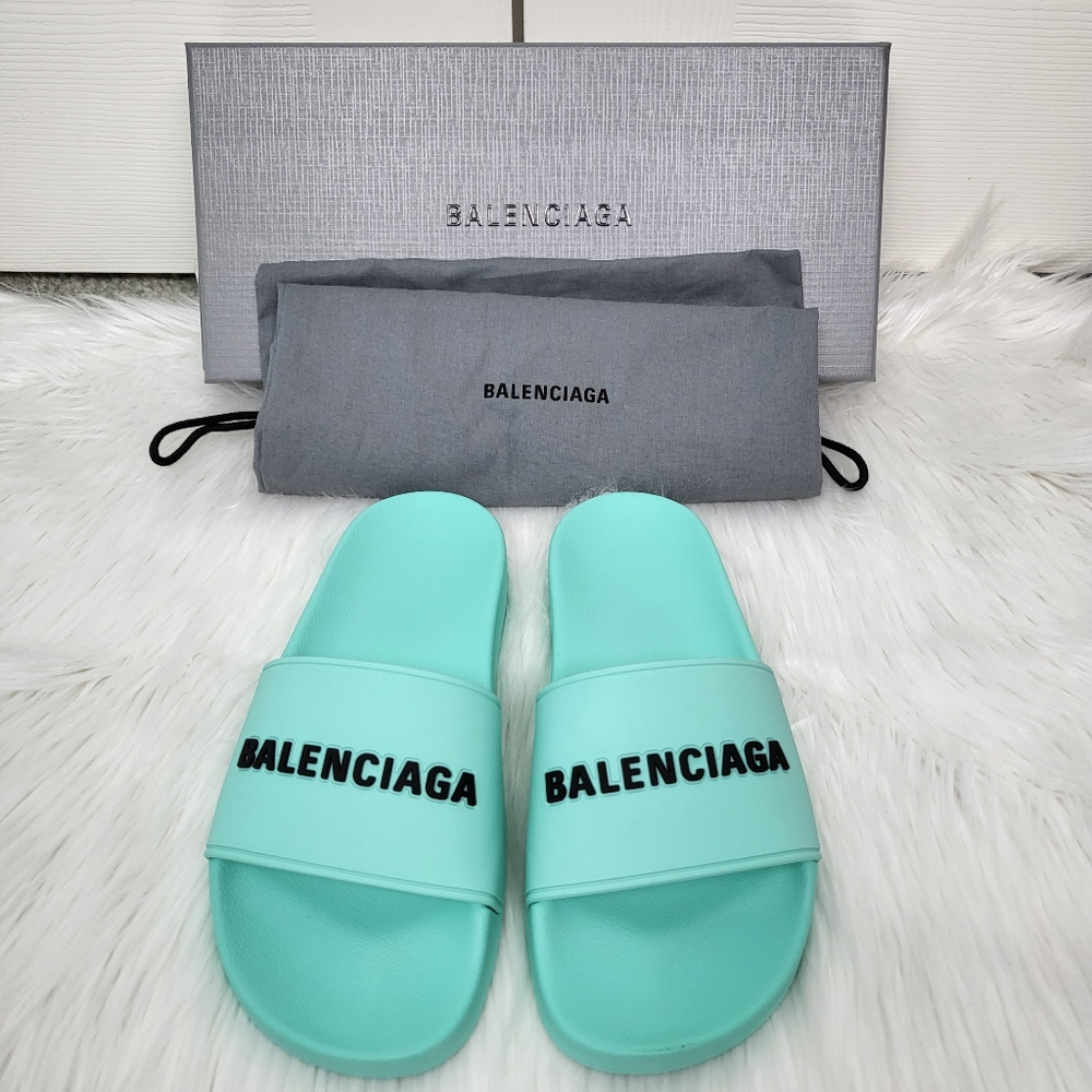 NIB BALENCIAGA Mint and Black Pool Slide Sandal Slippers Size 37 - Picture 3 of 8